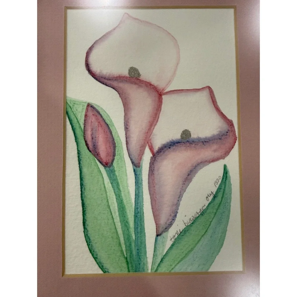 Vintage Toni Biewenga Ory Calla Lily Art Pair Signed 1990 Pink Floral Wall Decor